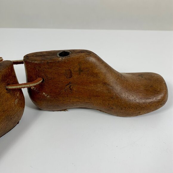 VTG Antique Toddler Wooden Shoe Last Pair, Leather Laces Metal Plates #4 - Picture 4 of 14